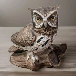 Vintage OWL Figurine Homco #1114 Painted Ceramic Statue CottageCore 1970s VTG